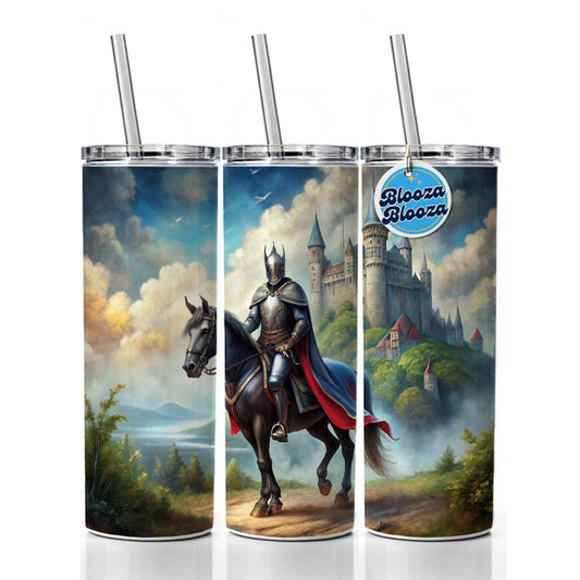 Fantasy Black Knight Astride Horse Outside Castle Watercolor Skinny Tumbler 20oz with Straw Insulated Water Bottle Gift