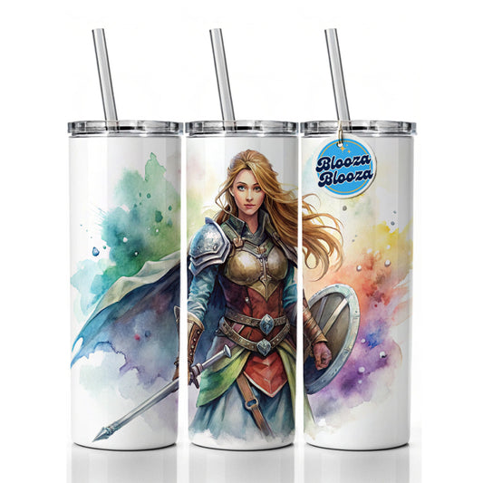 Fantasy Female Fighter Sword Shield-maiden Watercolor Skinny Tumbler 20oz with Straw Insulated Water Bottle Gift