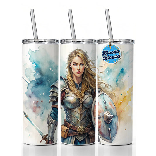 Fantasy Female Warrior Knight Watercolor Skinny Tumbler 20oz with Straw Insulated Water Bottle Gift