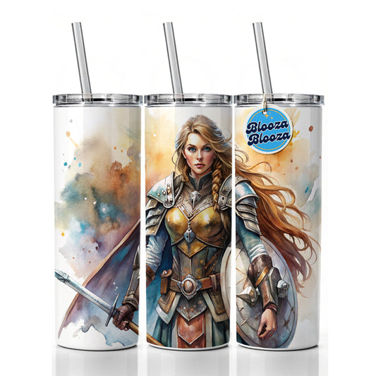 Fantasy Female Warrior Paladin Watercolor Skinny Tumbler 20oz with Straw Insulated Water Bottle Gift