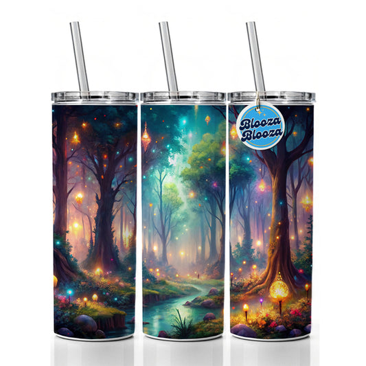 Fantasy Forest With Glowing Sprites Fae Spirits Watercolor Skinny Tumbler 20oz with Straw Insulated Water Bottle Gift