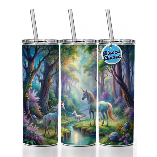 Fantasy Forest With Magical Unicorns Watercolor Skinny Tumbler 20oz with Straw Insulated Water Bottle Gift