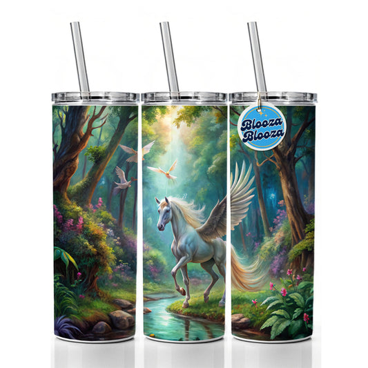Fantasy Forest With Pegasus Winged-stallion Watercolor Skinny Tumbler 20oz with Straw Insulated Water Bottle Gift