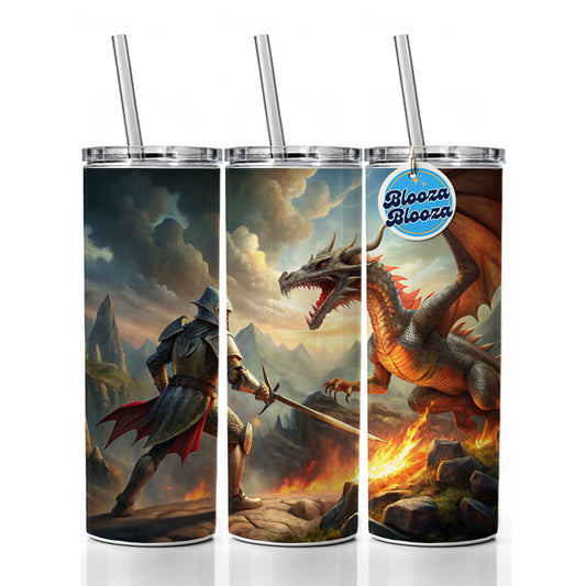 Fantasy Knight Fighting A Fire-breathing Dragon Skinny Tumbler 20oz with Straw Insulated Water Bottle Gift