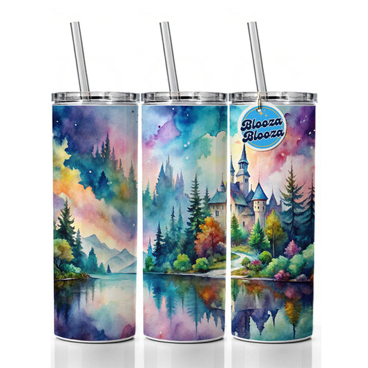 Fantasy Lake And Castle Scene Watercolor Skinny Tumbler 20oz with Straw Insulated Water Bottle Gift