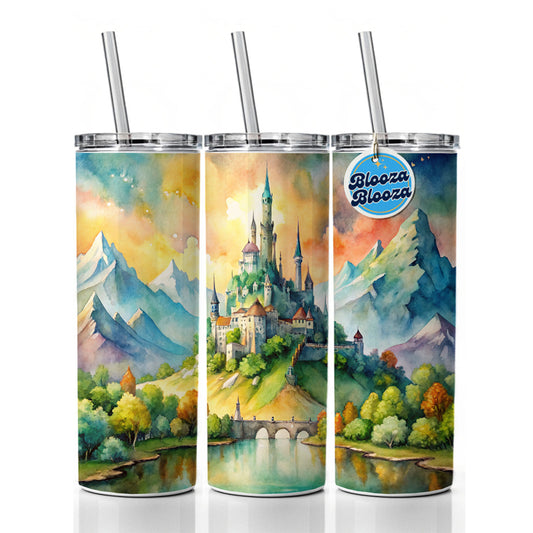 Fantasy Magical Castle On A Hill Watercolor Skinny Tumbler 20oz with Straw Insulated Water Bottle Gift
