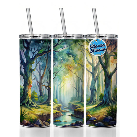 Fantasy Misty Forest Stream And Trees Watercolor Skinny Tumbler 20oz with Straw Insulated Water Bottle Gift