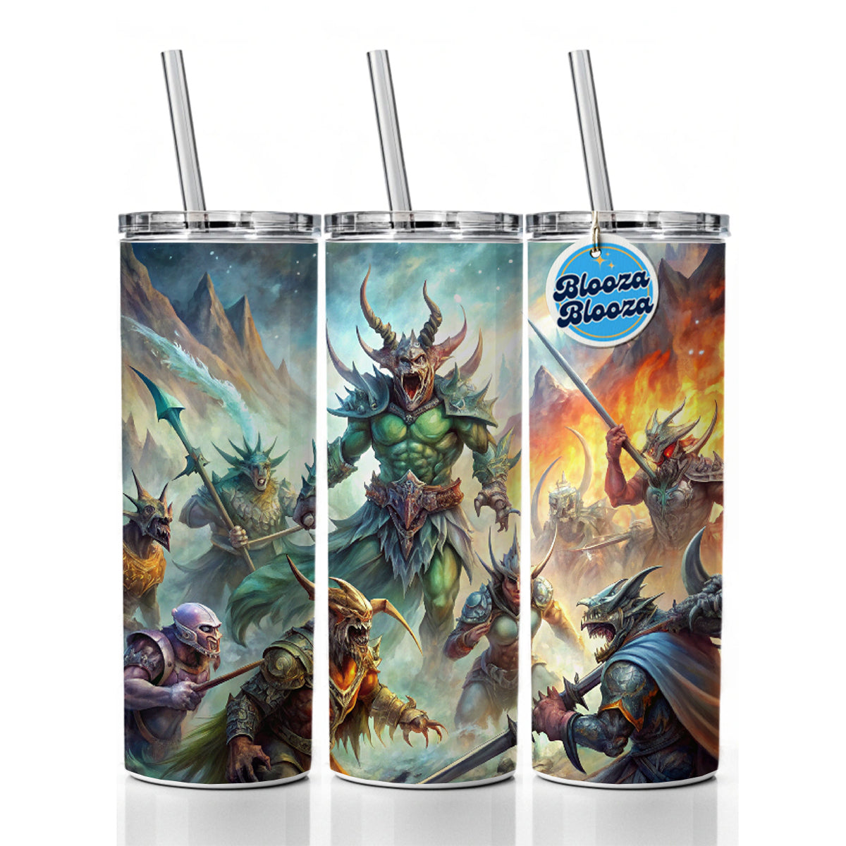 Fantasy Monsters In Battle Watercolor Skinny Tumbler 20oz with Straw Insulated Water Bottle Gift