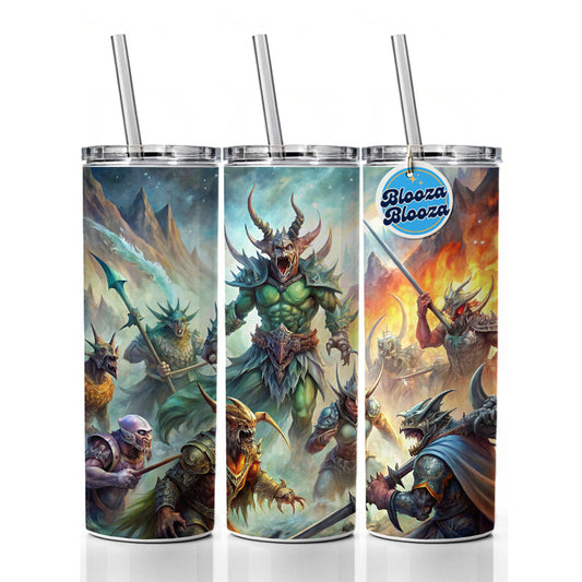 Fantasy Monsters In Battle Watercolor Skinny Tumbler 20oz with Straw Insulated Water Bottle Gift