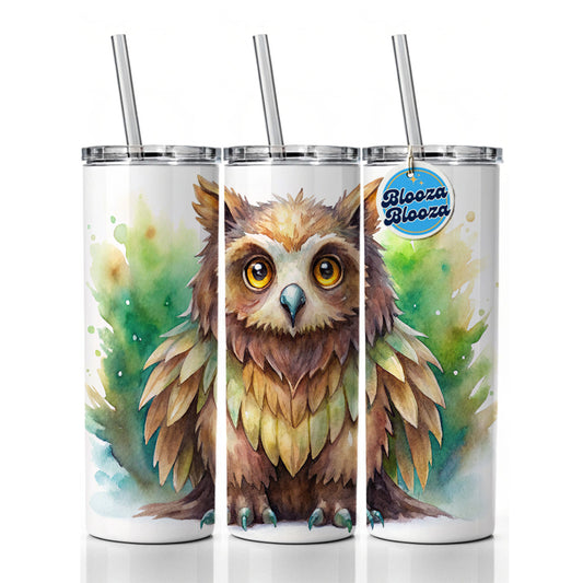 Fantasy Owl Bear Owlbear Green Background Watercolor Skinny Tumbler 20oz with Straw Insulated Water Bottle Gift