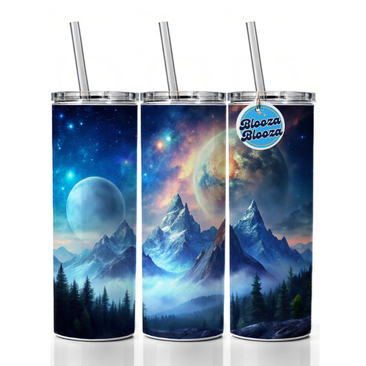 Fantasy Sci-fi World Moons Rising Over Mountains Watercolor Skinny Tumbler 20oz with Straw Insulated Water Bottle Gift