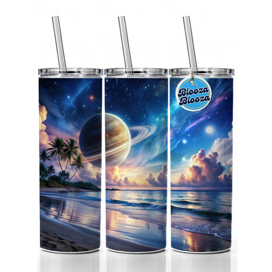 Fantasy Sci-fi World Saturn Rising Over Beach Skinny Tumbler 20oz with Straw Insulated Water Bottle Gift