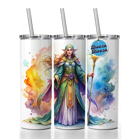 Fantasy Sorceress Colorful Magic Mana Watercolor Skinny Tumbler 20oz with Straw Insulated Water Bottle Gift