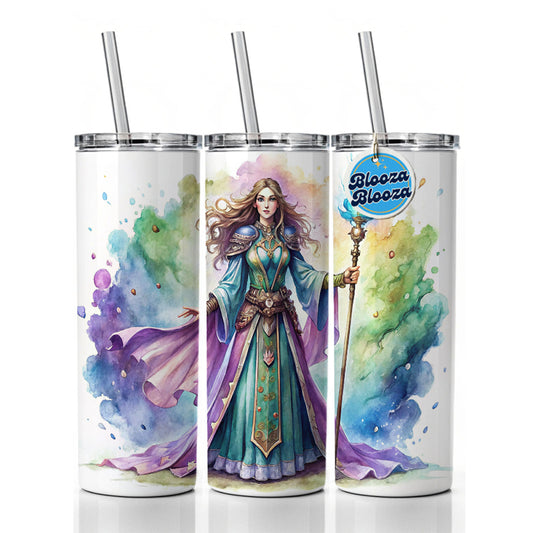 Fantasy Sorceress Purple Blue Magic Mana Watercolor Skinny Tumbler 20oz with Straw Insulated Water Bottle Gift