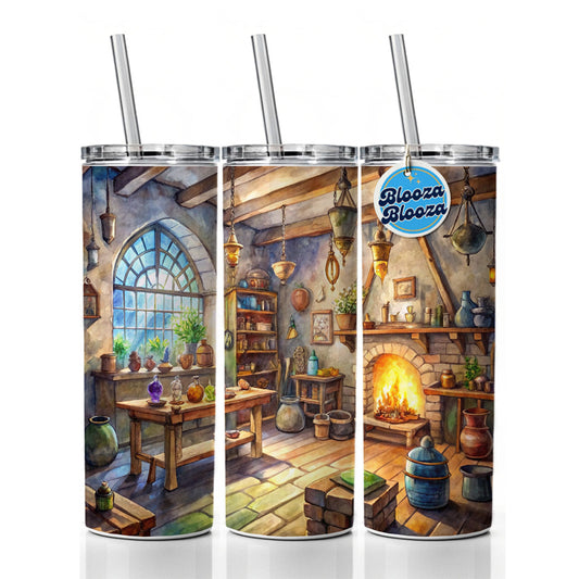 Fantasy Wizard's Sorcerer's Workshop Watercolor Skinny Tumbler 20oz with Straw Insulated Water Bottle Gift