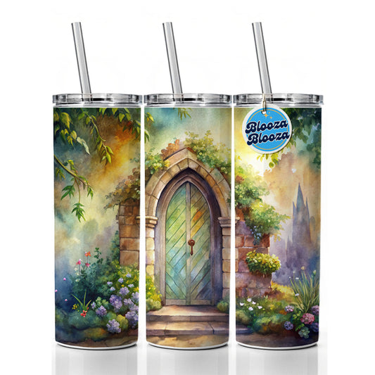 Fantasy World Doorway Fairy Gnome Elven Watercolor Skinny Tumbler 20oz with Straw Insulated Water Bottle Gift