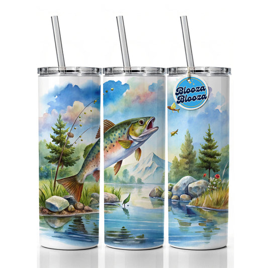 Fish Jumping Stream Lake Fishing Watercolor Skinny Tumbler 20oz with Straw Insulated Water Bottle Gift