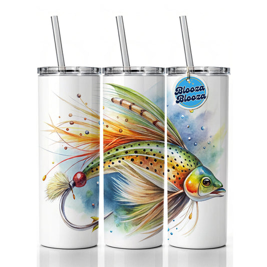 Fishing Lure Flies Watercolor Skinny Tumbler 20oz with Straw Insulated Water Bottle Gift