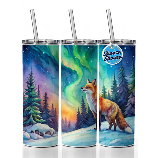 Fox And Northern Lights Watercolor Skinny Tumbler 20oz with Straw Insulated Water Bottle Gift
