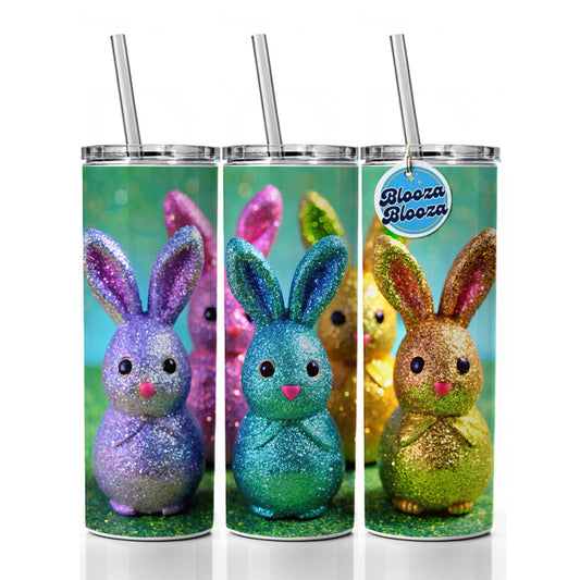 Glitter Easter Bunnies Rabbits Chocolate Skinny Tumbler 20oz with Straw Insulated Water Bottle Gift