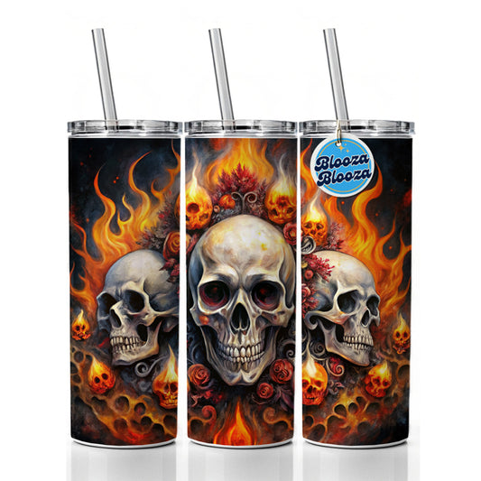 Gothic Skulls And Flames Watercolor Skinny Tumbler 20oz with Straw Insulated Water Bottle Gift