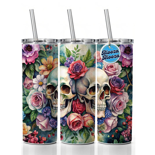 Gothic Skulls And Flowers Watercolor Skinny Tumbler 20oz with Straw Insulated Water Bottle Gift