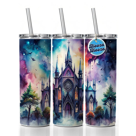 Gothic Style Church Watercolor Skinny Tumbler 20oz with Straw Insulated Water Bottle Gift