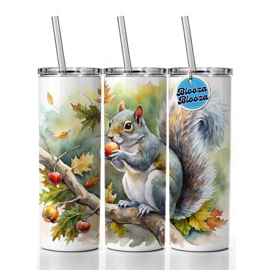 Gray Squirrel Eating Acorn In Tree Watercolor Skinny Tumbler 20oz with Straw Insulated Water Bottle Gift