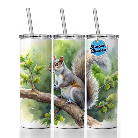 Gray Squirrel In Tree Watercolor Skinny Tumbler 20oz with Straw Insulated Water Bottle Gift