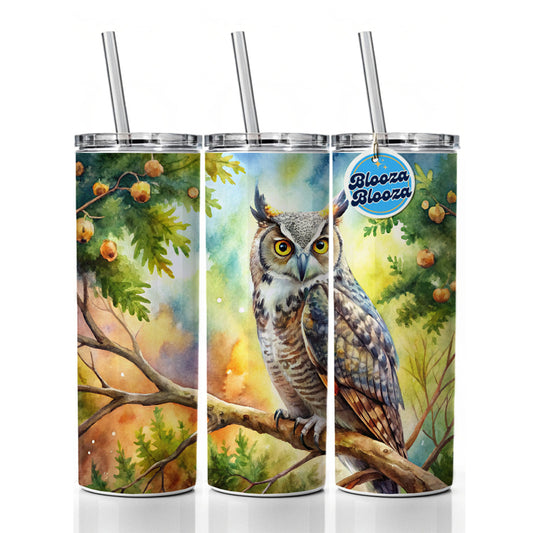 Great Horned Owl In Tree Watercolor Skinny Tumbler 20oz with Straw Insulated Water Bottle Gift