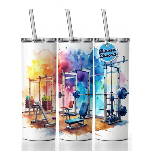 Gym Workout Equipment Watercolor Skinny Tumbler 20oz with Straw Insulated Water Bottle Gift
