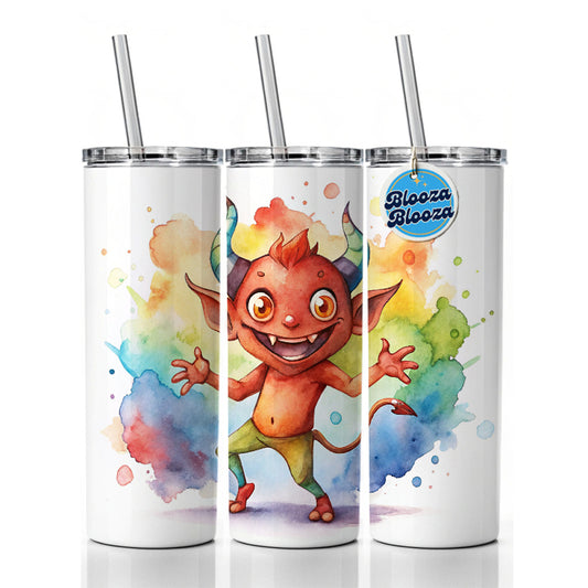 Happy Short Dancing Demon Watercolor Skinny Tumbler 20oz with Straw Insulated Water Bottle Gift