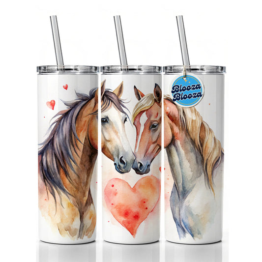 Horses In Love Heart Valentine's Day Skinny Tumbler 20oz with Straw Insulated Water Bottle Gift