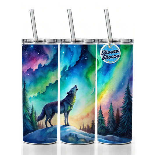 Howling Wolf And Northern Lights Watercolor Skinny Tumbler 20oz with Straw Insulated Water Bottle Gift