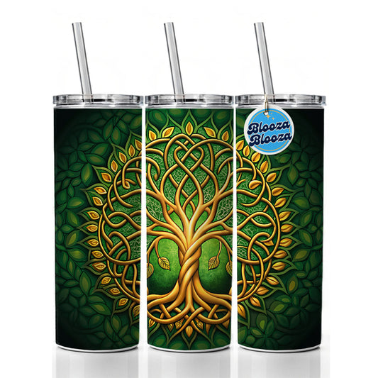 Irish Celtic Knot Tree Of Life Green And Golden  Skinny Tumbler 20oz with Straw Insulated Water Bottle Gift