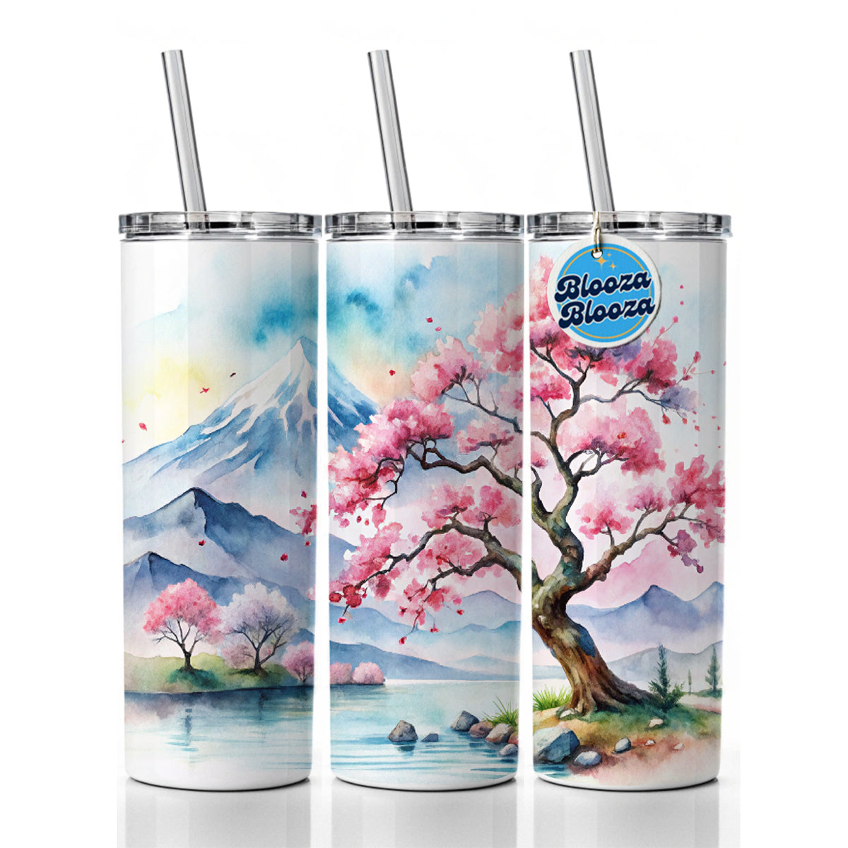 Japanese Cherry Blossom Tree Scene Watercolor Skinny Tumbler 20oz with Straw Insulated Water Bottle Gift