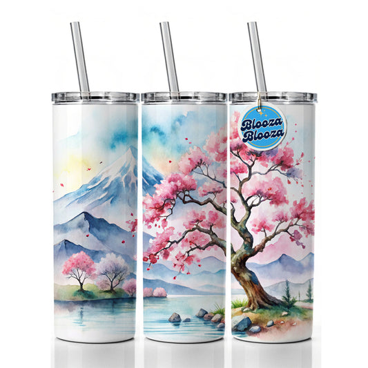 Japanese Cherry Blossom Tree Scene Watercolor Skinny Tumbler 20oz with Straw Insulated Water Bottle Gift