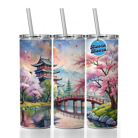 Japanese Scene With Bridge And Cherry Blossom Trees Watercolor Skinny Tumbler 20oz with Straw Insulated Water Bottle Gift