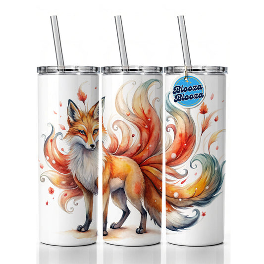 Kitsune Fox With Many Tails Asian Japanese Spirit Folklore Watercolor Skinny Tumbler 20oz with Straw Insulated Water Bottle Gift