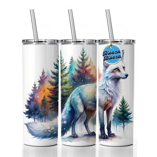 Kitsune White Fox Asian Japanese In Forest Watercolor Skinny Tumbler 20oz with Straw Insulated Water Bottle Gift