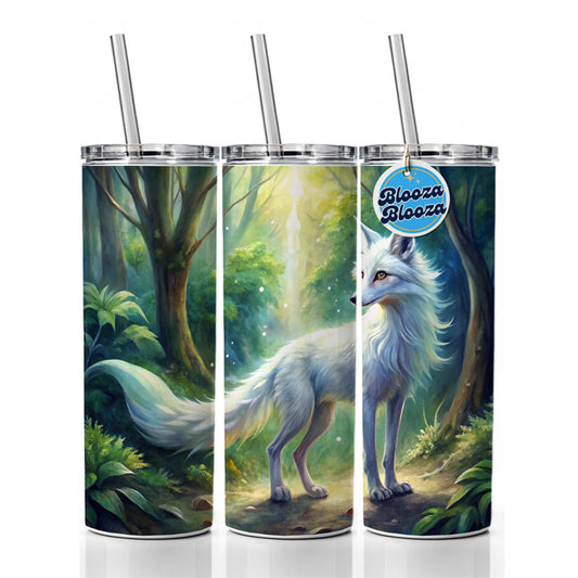 Kitsune White Fox Fantasy Japanese In Forest Watercolor Skinny Tumbler 20oz with Straw Insulated Water Bottle Gift