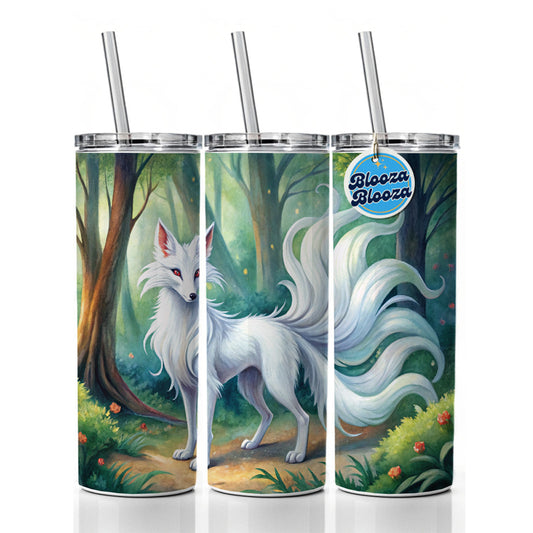 Kitsune White Fox With Many Tails Japanese Spirit Animal Watercolor Skinny Tumbler 20oz with Straw Insulated Water Bottle Gift