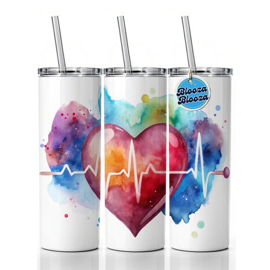 Life Pulse Heart Beat Doctor Nurse RN EMT Watercolor Skinny Tumbler 20oz with Straw Insulated Water Bottle Gift