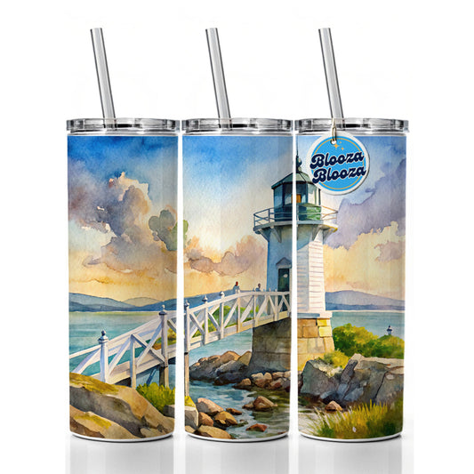 Lighthouse Like Marshall Point Maine Watercolor Skinny Tumbler 20oz with Straw Insulated Water Bottle Gift