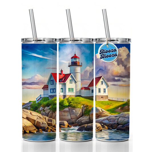 Lighthouse Like Nubble Lighthouse Maine Watercolor Skinny Tumbler 20oz with Straw Insulated Water Bottle Gift