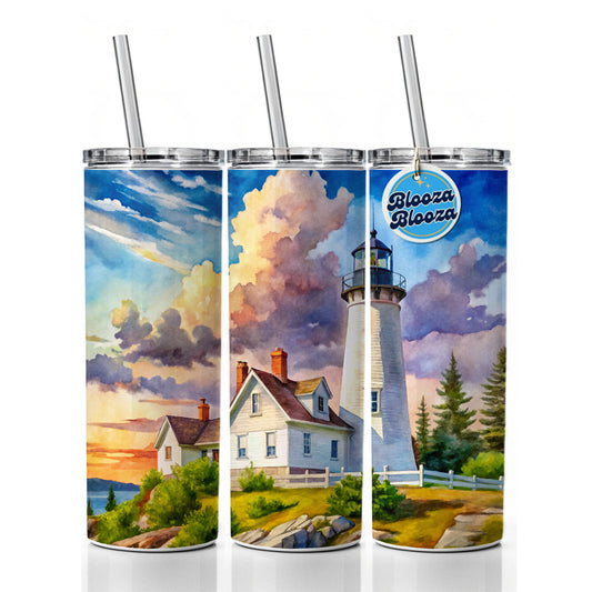 Lighthouse Like Pemaquid Point Maine Watercolor Skinny Tumbler 20oz with Straw Insulated Water Bottle Gift