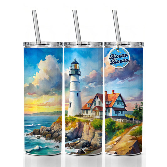 Lighthouse Like Portland Head Maine Watercolor Skinny Tumbler 20oz with Straw Insulated Water Bottle Gift