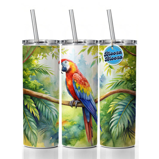 Macaw Parrot In Tree Bird Watercolor Skinny Tumbler 20oz with Straw Insulated Water Bottle Gift
