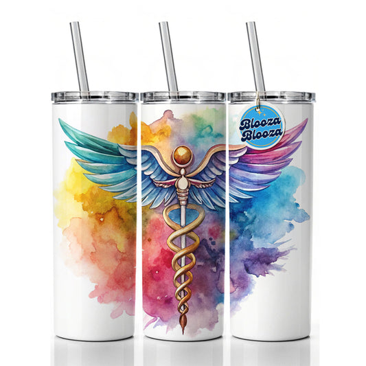 Medical Caduceus Doctor Nurse RN EMT Watercolor Skinny Tumbler 20oz with Straw Insulated Water Bottle Gift