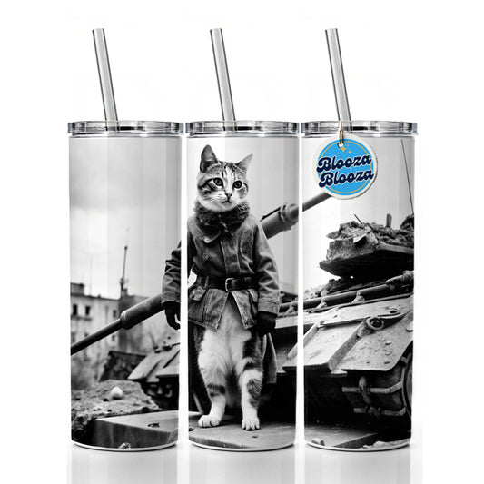 Military Resistance War Soldier Cat Retro Black And White Skinny Tumbler 20oz with Straw Insulated Water Bottle Gift